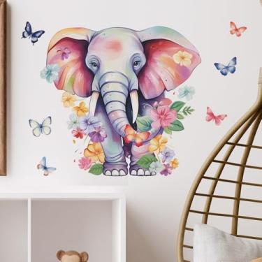 Imagem de ZARROUEA Adesivos de parede de safári de animais selvagens pintados com desenhos animados de flores de elefante, borboleta, murais de parede, destacáveis, removíveis, berçário, quarto de crianças