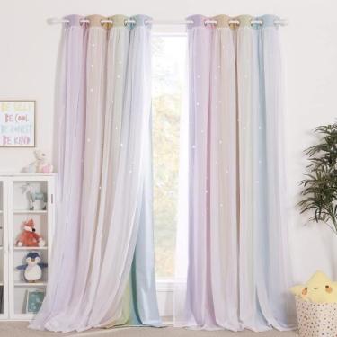 Imagem de Cortinas NICETOWN Rainbow Star para meninas, quarto 132x213cm