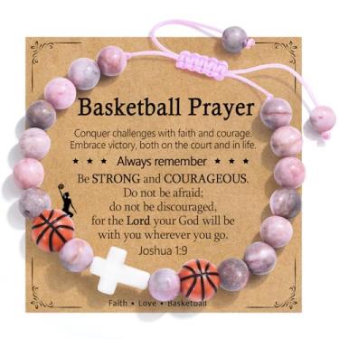 Imagem de PODLEV Pulseira de basquete para meninas e mulheres - Pulseiras de contas ajustáveis com pingente de cruz para meninas adolescentes, Natal, aniversário, dia dos namorados, Páscoa, presentes de