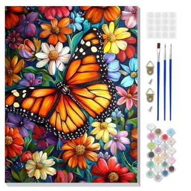 Imagem de DOMROM Kit de pintura emoldurada por números para adultos iniciantes com cavalete de madeira, kit de pintura de borboleta DIY por número em tela, kits de pintura a óleo DIY para decoração de parede de