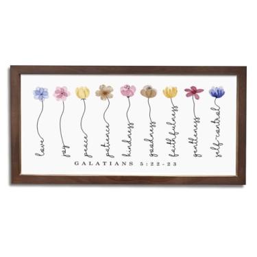 Imagem de Arte de parede cristã, decoração motivacional para escritório doméstico, placa emoldurada de madeira de fazenda 38 × 19 × 14,7 cm, decoração acima da cama para quarto, versículo bíblico Gálatas 5:22