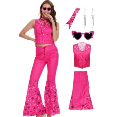 Imagem de Poboola Fantasia de vaqueira rosa anos 80 para mulheres, fantasia discoteca dos anos 70, calça hippie flare, cosplay de Halloween, cosplay com óculos, cachecol, Rosa, PP