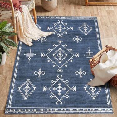 Imagem de ESSMOKO Tapete de sala de estar em estilo nórdico moderno, tapete de quarto, tapete de lã artificial, lavável na máquina, fácil de cuidar, 60 x 180 cm, padrão de diamante azul