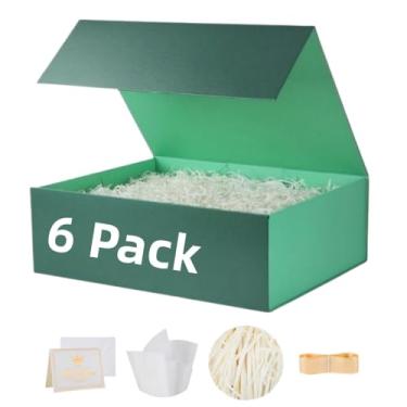 Imagem de UoeRing Pacote com 6 caixas de presente verde grande 34,3 x 30 x 12 cm Caixa de presente de luxo para presentes com tampa de fecho magnético dobrável, aniversário, Natal, contém cartão, fita, papel de