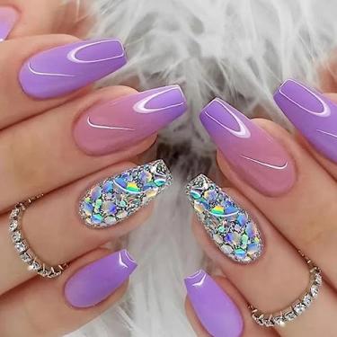 Imagem de Pregos postiços médios de caixão roxo gradiente francês cobertura completa unhas postiças com desenhos de glitter unhas de acrílico cola brilhante em unhas artificiais reutilizáveis para manicure