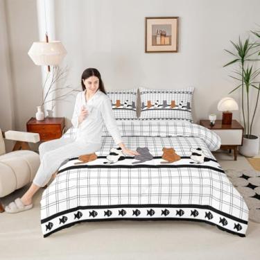 Imagem de Manfei Lindo conjunto de cama solteiro com gato, peixe, animal kawaii, linhas geométricas, grades geométricas, para meninos e adolescentes, cinza, branco, marrom, decoração de quarto todas as estações