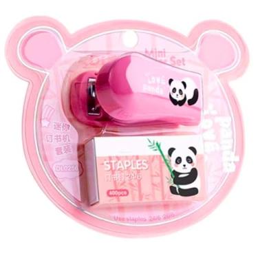 Imagem de Mini grampeador, pequeno grampeador, fino, compacto, portátil, bolso fino, panda fofo para escritório, estudantes, sala de aula, viagem escolar (rosa)