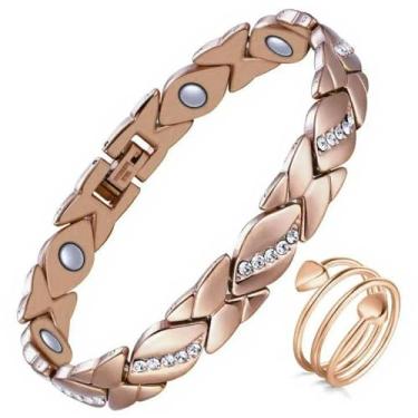 Imagem de Kit Pulseiras de cobre para mulheres e Anel de drenagem linfática em forma de coração com ímã de 3500 gauss design clássico de cristal, um presente inesquesivel e para todas ocasiões.