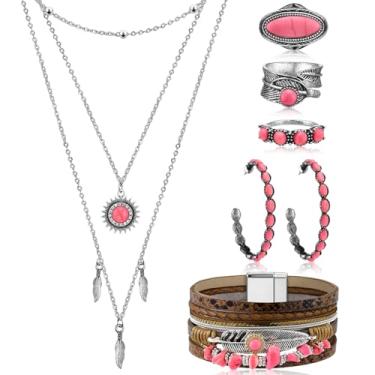 Imagem de Ecally Conjunto boêmio de joias ocidentais turquesa feminino pingente boêmio longo gargantilha em camadas brincos anel para mulheres, one size, liga metálica, turquesa, couro artificial, Sem Pedra