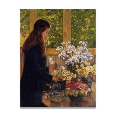 Imagem de Young Girl With A Vase Of FlowersThéo van Rysselberghe: Impressão em tela neoimpressionista belga chave 30 x 39 cm sem moldura