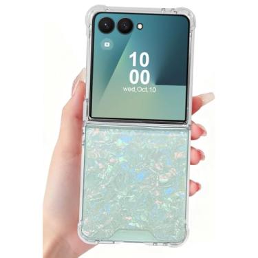 Imagem de CEOKOK Capa para Samsung Galaxy Z Flip 7 com glitter transparente com design de concha brilhante feminina estética brilhante Kawaii resistente à prova de choque fina aurora branca capa rígida