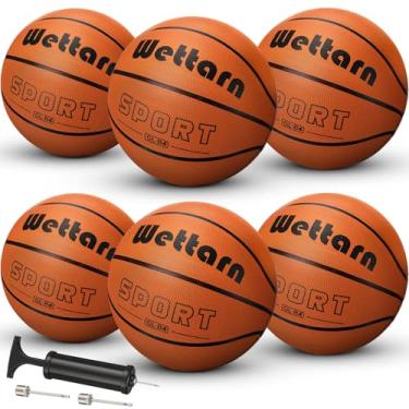 Imagem de Wettarn Pacote com 6 bolas de borracha para treinamento de basquete com bomba tamanho 4, bola de rua de 64 cm feita para adolescentes adultos jogos internos e externos academia treinamento competição