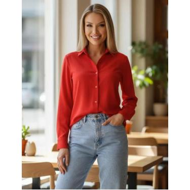 Imagem de Camisa Social Lisa Feminina Manga Longa De Botão Sem Bolso Fresca Leve