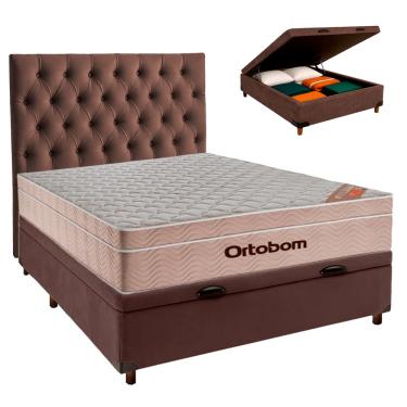 Imagem de Cama Box Bau + Colchão Casal Ortobom Molas Ensacadas Airtech + Cabeceira Estofada
