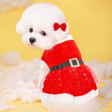 Imagem de Linda fantasia de Natal para animais de estimação, vestido de Natal para meninas e cachorros, com faixa de cabelo, saia de veludo de gato, fantasia de cachorro, roupas de Natal para gatos pequenos,