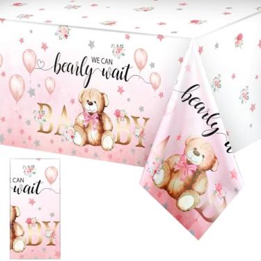 Imagem de Tegeme 1 pacote com toalhas de mesa para chá de bebê urso de plástico We Can Bearly Wait Toalha de mesa para decoração de festa de aniversário infantil para chá de bebê, 137 x 272 cm (rosa)