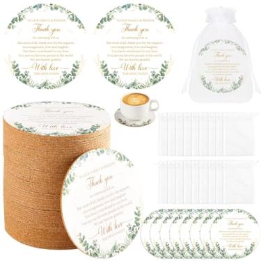 Imagem de 100 peças de lembrancinhas de casamento para convidados porta-copos de cortiça para presentes de folhas de eucalipto a granel com sacos de organza recém-casados obrigado por celebrar conosco decoração