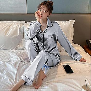 Imagem de ifgswopq Pijama feminino de manga comprida pijama terno rayon cetim casual pijama feminino serviço doméstico (prata XX)