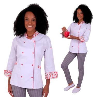 Imagem de Dólmã Feminina Para Chef De Cozinha Branco Pimentas 100% Algodão Acint