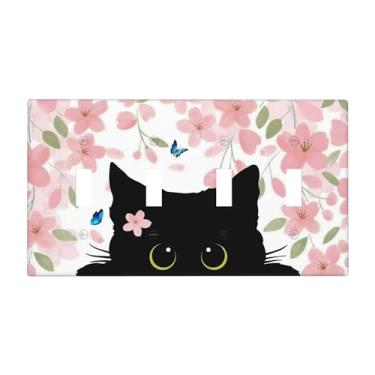 Imagem de Flores gato preto borboleta quadriciclo interruptor de luz placa decorativa 4 gang placas de parede placa elétrica para quarto banheiro decoração de casa 11,4 cm x 20,3 cm