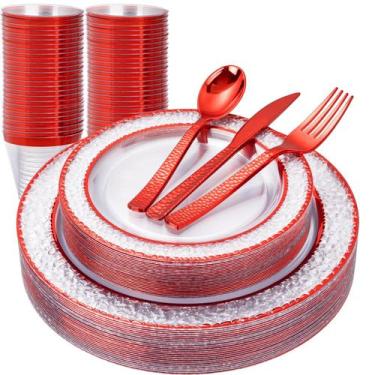 Imagem de Conjunto de pratos de plástico vermelho Ciaell 150 PCS com talheres e 