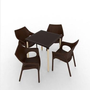 Imagem de Conjunto Mesa Atto Rattan com Pé Madeira e 4 Cadeiras Relic - Im In Ho