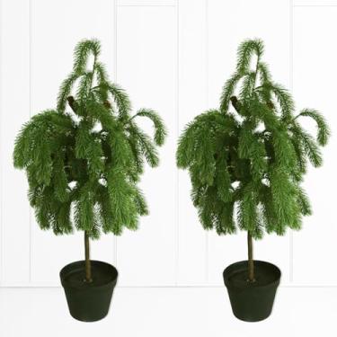 Imagem de Árvore de Natal artificial de aparência natural alpina de 1,8 m em plantador de madeira com pinhas