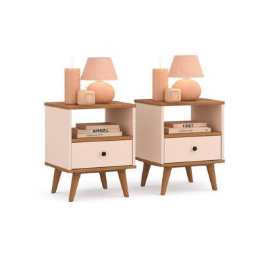 Imagem de Kit 2 Mesas de cabeceira OffWhite quarto 1 gaveta e um Nicho pés palit