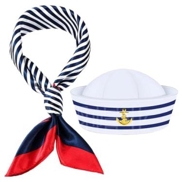 Imagem de SOLUSTRE Conjunto de Chapéu E Cachecol de Marinheiro: Chapéu de Capitão Náutico, Azul, Branco, Listrado, Acessórios para, para Homens, Mulheres E Adultos