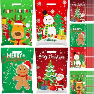 Imagem de Eaasty 100 peças de sacola de presente de Natal com alças de 29 x 40 cm, sacolas de plástico para mercadorias de Feliz Natal, lanches reutilizáveis para lembrancinhas de festa de Natal e suprimentos