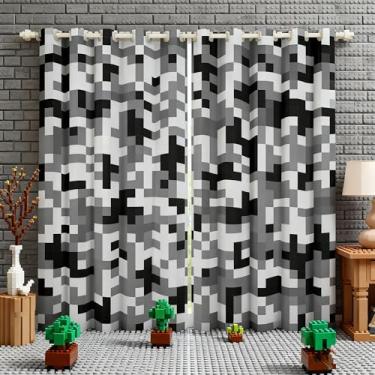 Imagem de Cortina de janela camuflada preta cinza, cortinas geométricas para decoração de sala de estar, decoração de sala de estar com tema pixelado, crianças, meninos, moderno, tratamento de janela, videogame