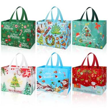 Imagem de Lanfixilly 6 peças de sacos de Natal para presente, grandes reutilizáveis não tecidos, sacolas de guloseimas de Natal com alças para presentes, lembrancinhas de Natal, lembrancinhas, artigos de festa