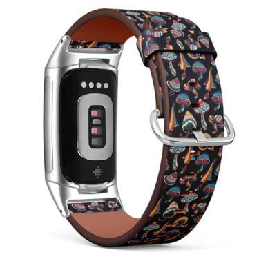 Imagem de Pulseira de relógio de couro de substituição para Fitbit Charge 5 / Fitbit Charge 6 (rabisco colorido de cogumelos) para smartwatch para mulheres e homens