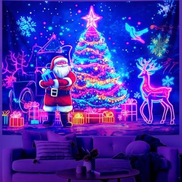 Imagem de BVBOX Tapeçaria de Feliz Natal com Luz Negra Decorações de Natal Tapeçaria que Brilha no Escuro para Quarto Sala de Estar Decoração de Banners de Festa (Árvore de Natal, 228 cm C x 70 L, Sem moldura)