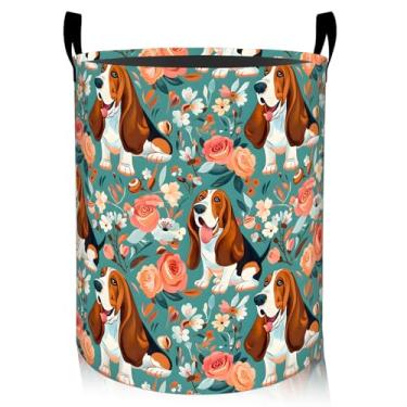 Imagem de ainori Basset Hound Cesta de roupa suja floral para cães, tecido Oxford, cesto dobrável para decoração de quarto, estampa de filhotes e flores, organizador de brinquedos 40 x 40 cm para quarto