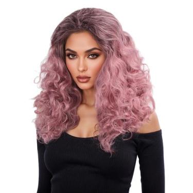 Imagem de Peruca Fluffy Curly 50 cm rosa rosa, parte lateral de cabelo sintético