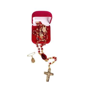 Imagem de PADRE EDUARDO Terço Devocional Gotas Mãos Ensanguentadas de Jesus, Cristais Facetados Vermelho, 50cm, Cruz Italiana 3cm, Contas 6mm, com Estojo