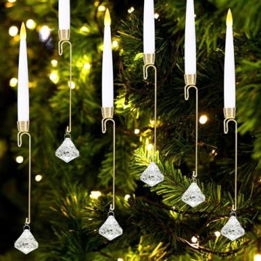 Imagem de HOMIEE Velas de árvore de Natal, pacote com 12 velas cônicas sem chama, velas de LED cintilantes para decoração interna de Natal, casamento, casa, com ganchos de bola de cristal transparente