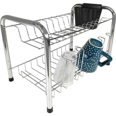 Imagem de Escorredor de Louças Inox, Duplo ou Simples, com Porta-Copos e Porta-Talheres para Cozinhas Grandes(Escorredor Duplo)