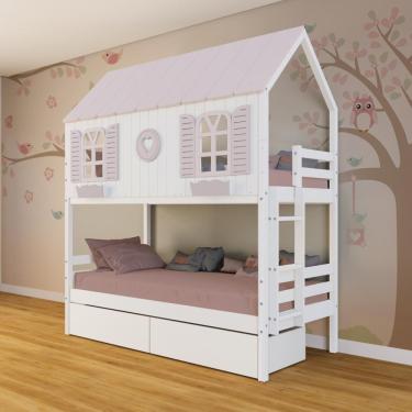 Imagem de Beliche Casinha Bela Com Coração 2 Gavetas - Madeira Maciça Branco-rosa Megamobilia