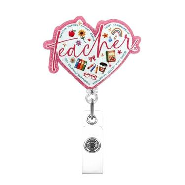 Imagem de Carretel de crachá de professor em forma de coração com glitter "Teaches" com ícones temáticos escolares retrátil para crachá, clipe jacaré para educadores, acessórios de professores e enfermeiros