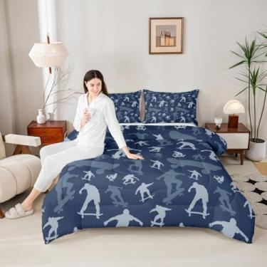 Imagem de Conjunto de cama casal para meninos, com estampa de skate, 3 peças, para decoração de quarto de crianças, meninas, meninos, mulheres, esportes radicais, edredom acolchoado, moderno, azul marinho, 2