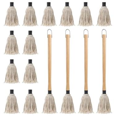 Imagem de 4 peças de escova de molho de esfregão para churrasco com 12 peças de substituição de cabeças para grelhar esfregões de regar com cabo longo de madeira 46,5 cm escova para cozinhar grelhar bife molho