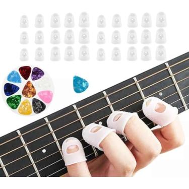 Imagem de 30 peças de protetores de dedo de guitarra de silicone capas de proteção de dedo de guitarra com 5 palhetas de guitarra para instrumentos de cordas, costura e bordado (5 tamanhos)