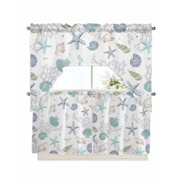 Imagem de Conjunto de 3 peças de cortina e saia de cozinha costeira, cortinas curtas com tema oceânico, 61 cm de comprimento, cobertura náutica da vida marinha, estrela-do-mar, conchas, coral, tratamento de