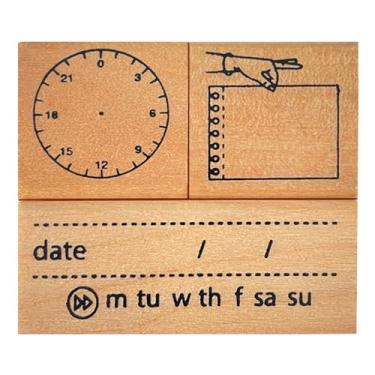 Imagem de Wissppoott Conjunto de carimbos de madeira de 3 peças (inclui carimbos de data/hora/notas) com marcação digital no mostrador, adequado para atividades em sala de aula, cartões de bricolage, planilhas