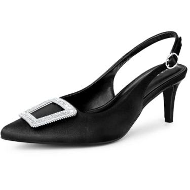Imagem de Perphy Sandálias femininas de salto agulha de strass com fivela de cetim e bico fino, Preto, 36