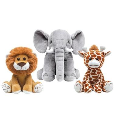Imagem de Coleção 3 Pelúcias Baby Safari Leãozinho Girafinha e Elefante Decoraçã