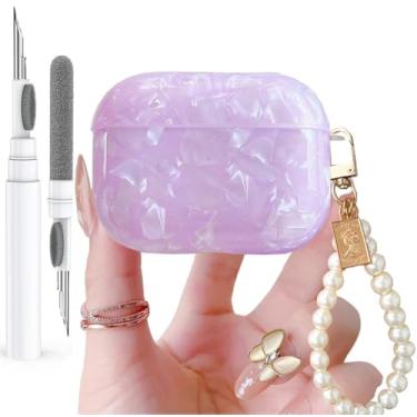 Imagem de Olytop Capa para Airpods Pro 3 com glitter fofo 2025 com caneta limpa, padrão de concha Apple Airpods iPod 3ª geração, capa protetora para meninas e mulheres com chaveiro pérola de luxo, roxo