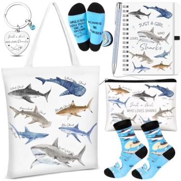 Imagem de Gilprop 6 peças de presentes de tubarão para amantes do oceano, sacola de compras, chaveiro, bolsa de cosméticos, espiral, caneta esferográfica, meias apenas uma garota que ama tubarões, presente de